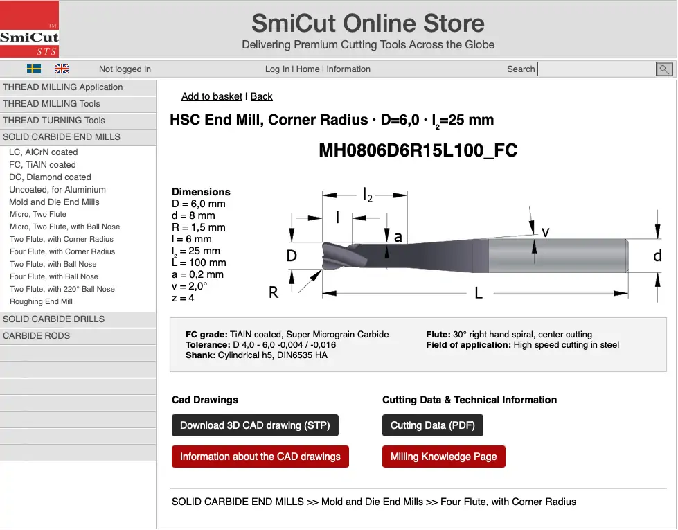 SmiCut Online Store page where you can download a cad drawing of a solid carbide end mill.